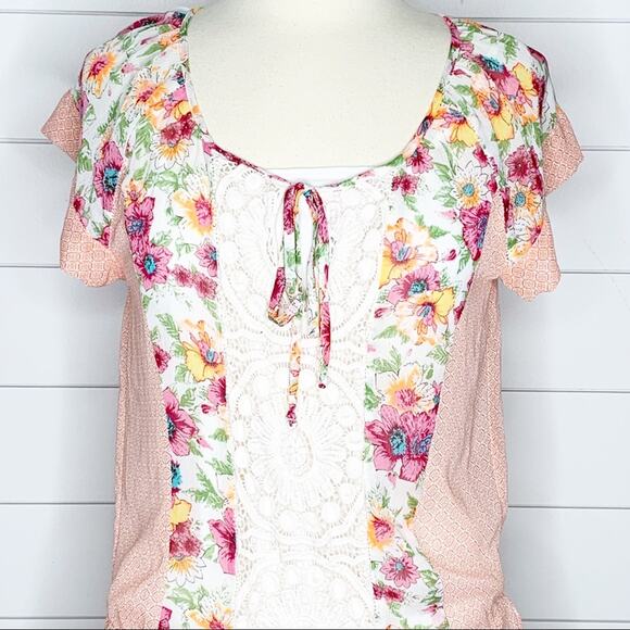 Daniel Rainn Crochet Floral Peplum Top Pink Green Yellow Small - Picture 2 of 8